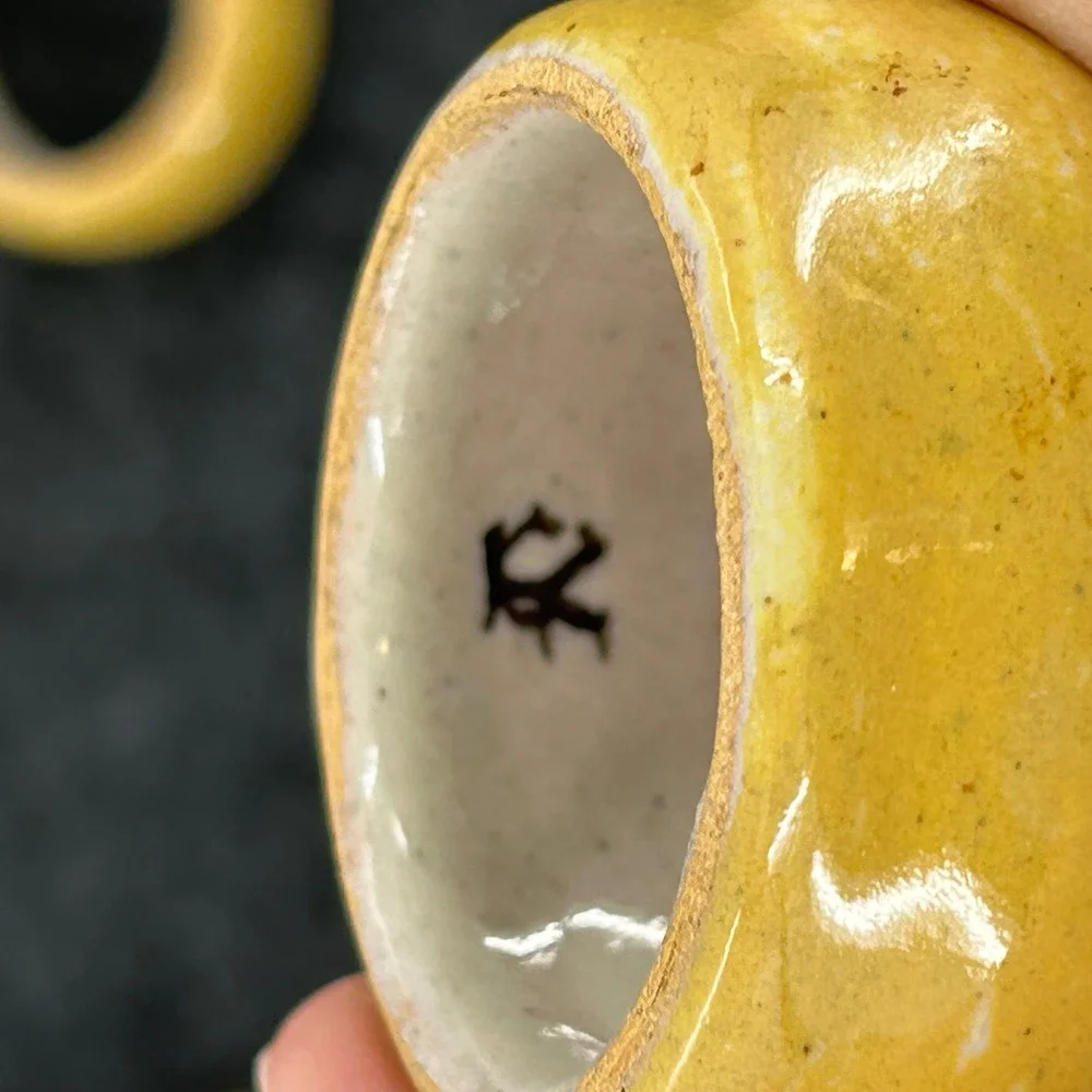 Mustard Yellow Ceramic Napkin Rings Set of 7 Artisan Glazed Stoneware